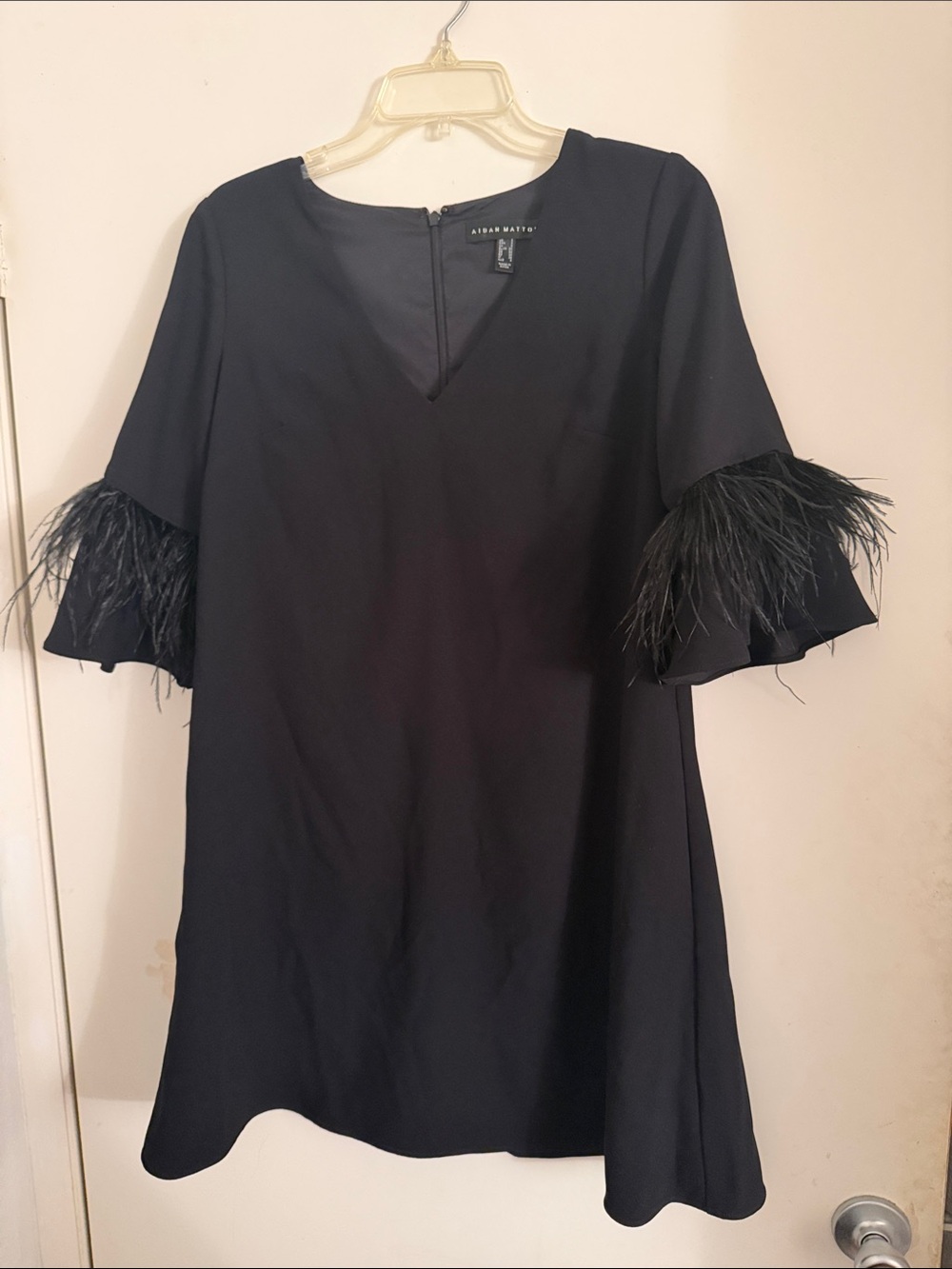 Aidan Mattox Black Feather-Trim Shift Dress